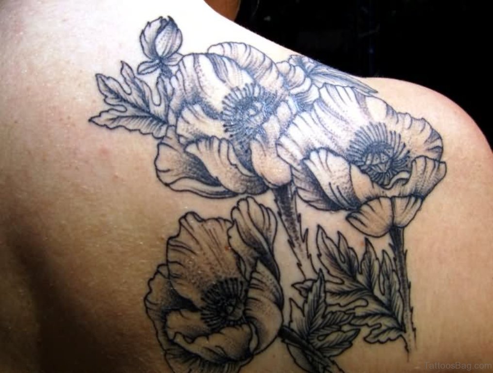 Black And Grey Poppy Flowers Tattoo.