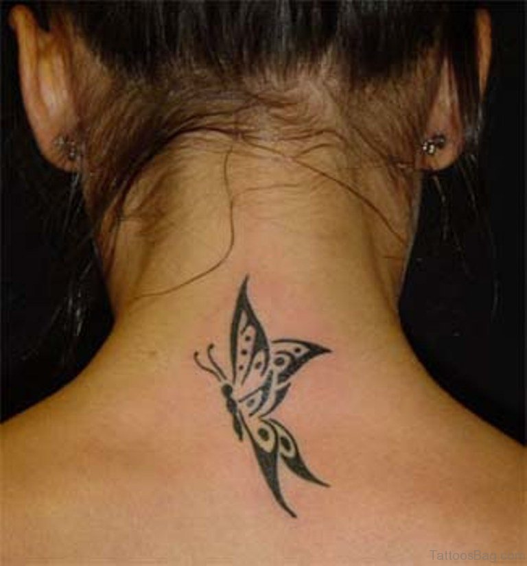 Black Tribal Butterfly Neck Tattoo.
