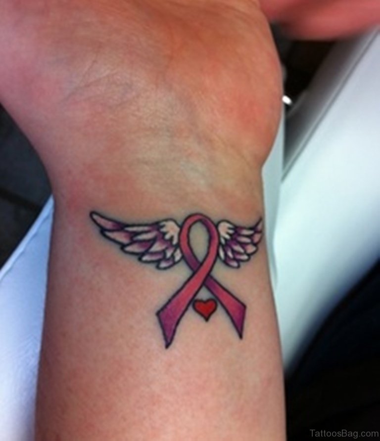 Cancer Winged Ribbon Wrist Tattoo.