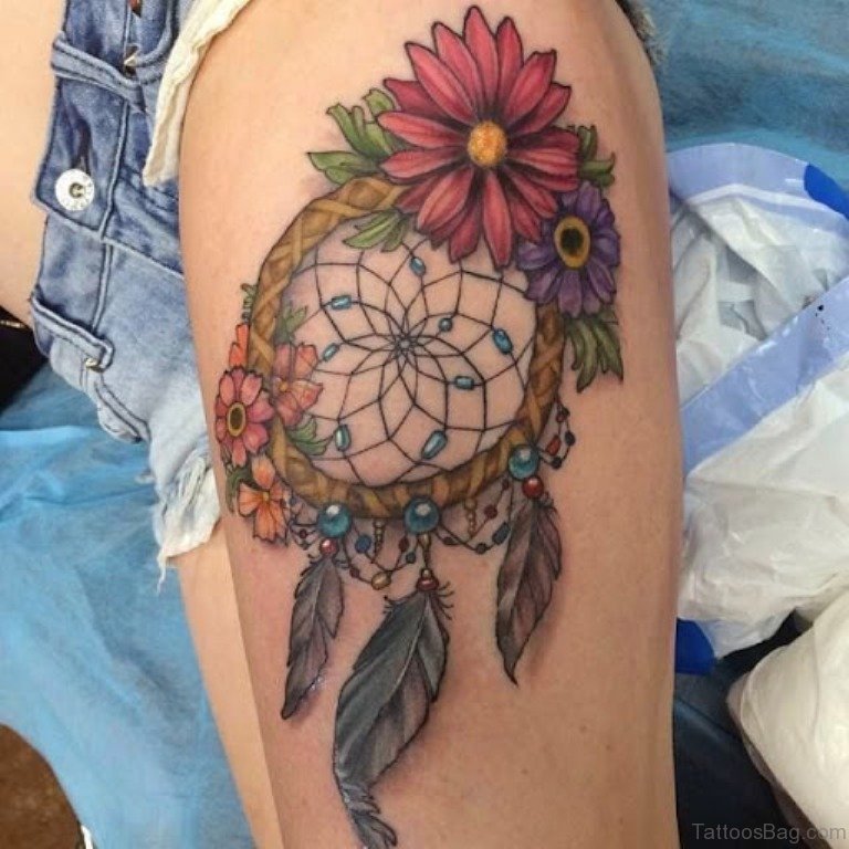 Colored Flowers And Dreamcatcher Tattoo.