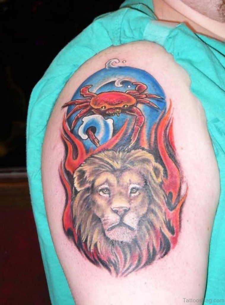 Colored Leo Shoulder Tattoo.