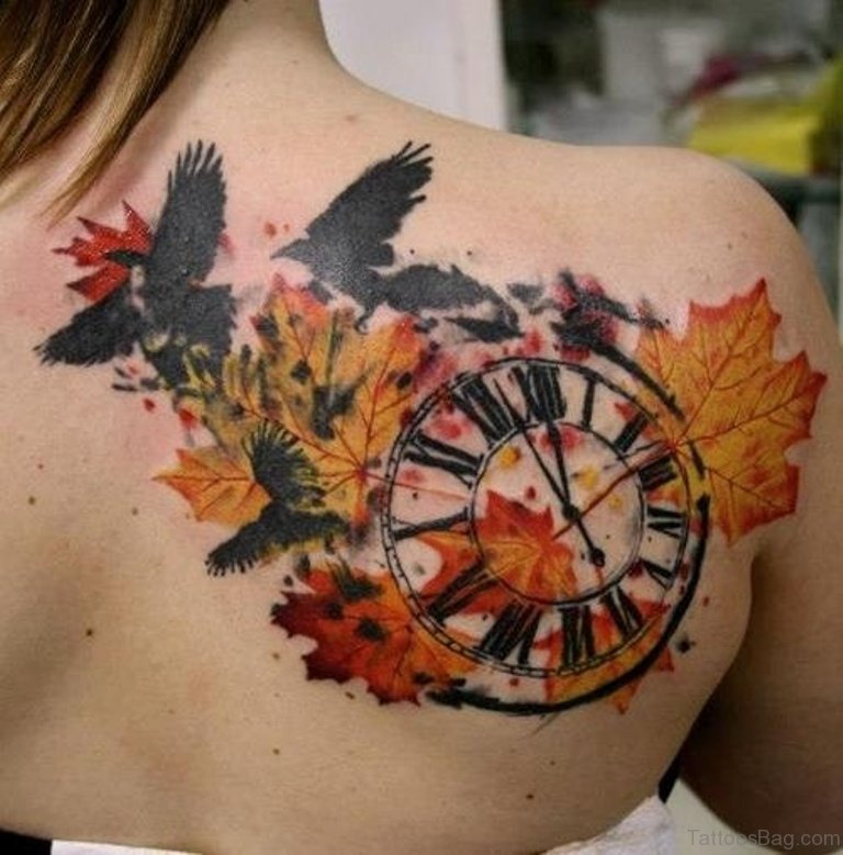 artistic watch tattoo on women's back