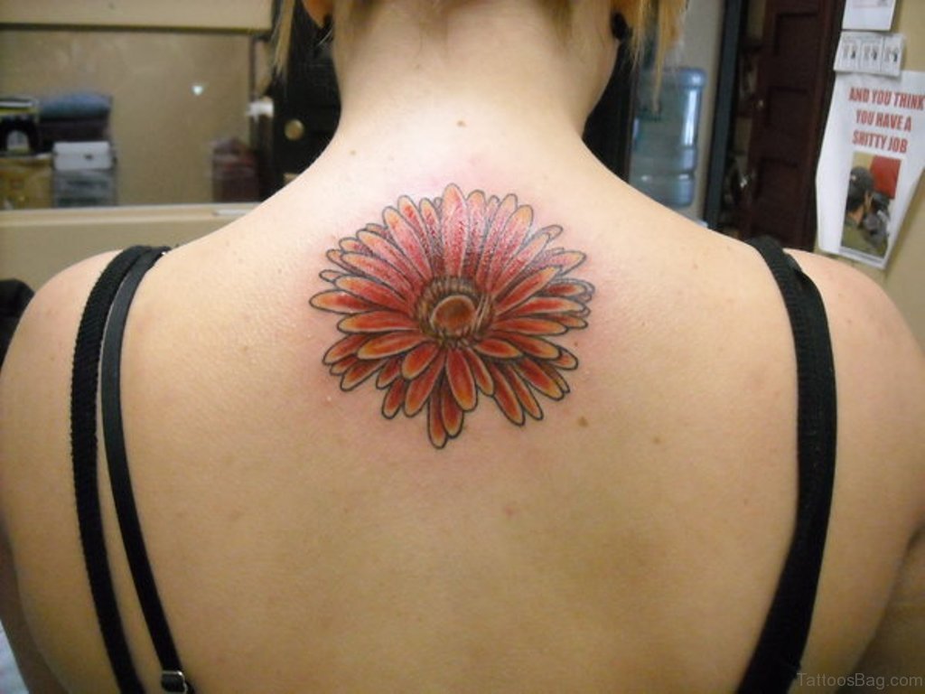 Gerber Daisy Tattoo Design On Upper Back.
