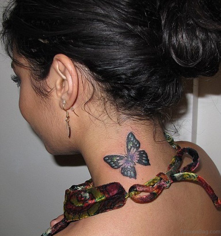 Small Butterfly Tattoo On Side Neck.