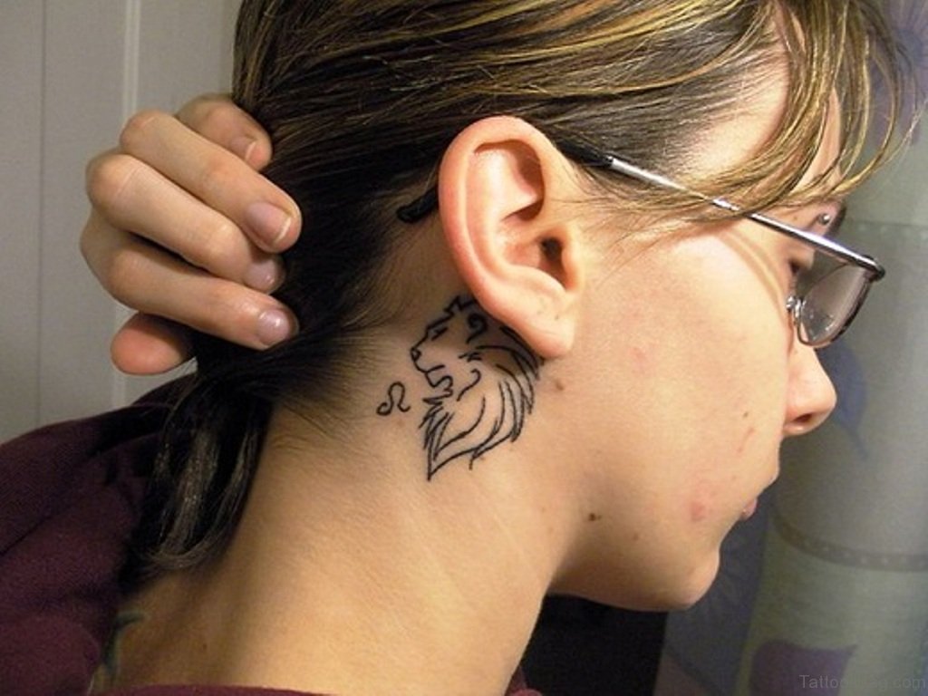 Tribal Lion Tattoo On Neck Behind Ear.