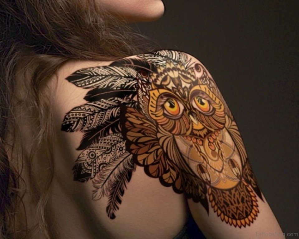 Tribal Owl Shoulder Tattoo.