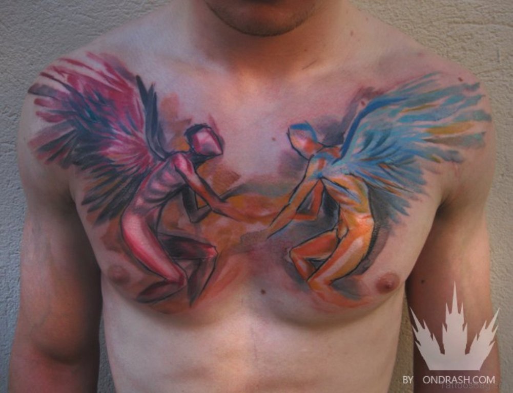 Watercolor Angel Tattoo On Chest.