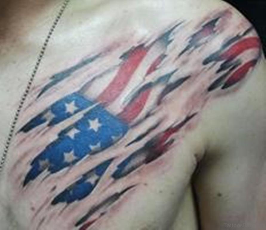 American Flag Ripped Skin Tattoo On Chest.