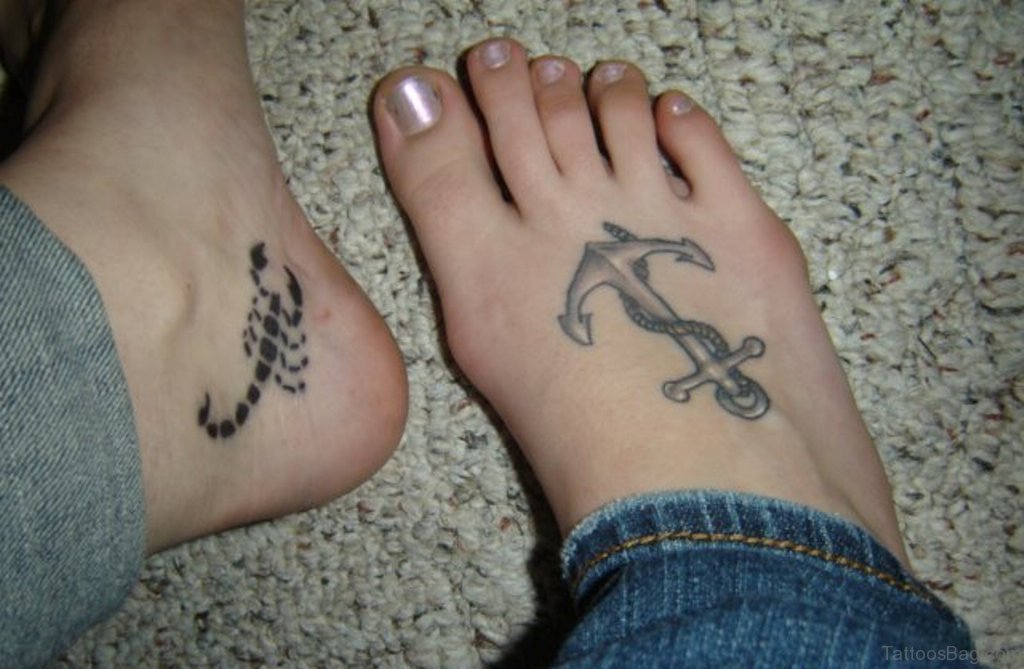 Classic Scorpion And Anchor Tattoo On Feet.