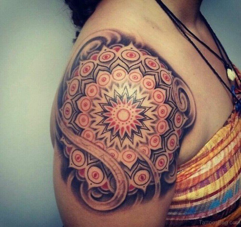 Colored Mandala Tattoo On Shoulder.