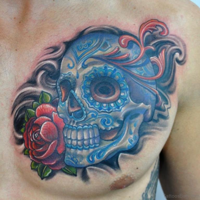 Colorful Sugar Skull With Rose Tattoo.