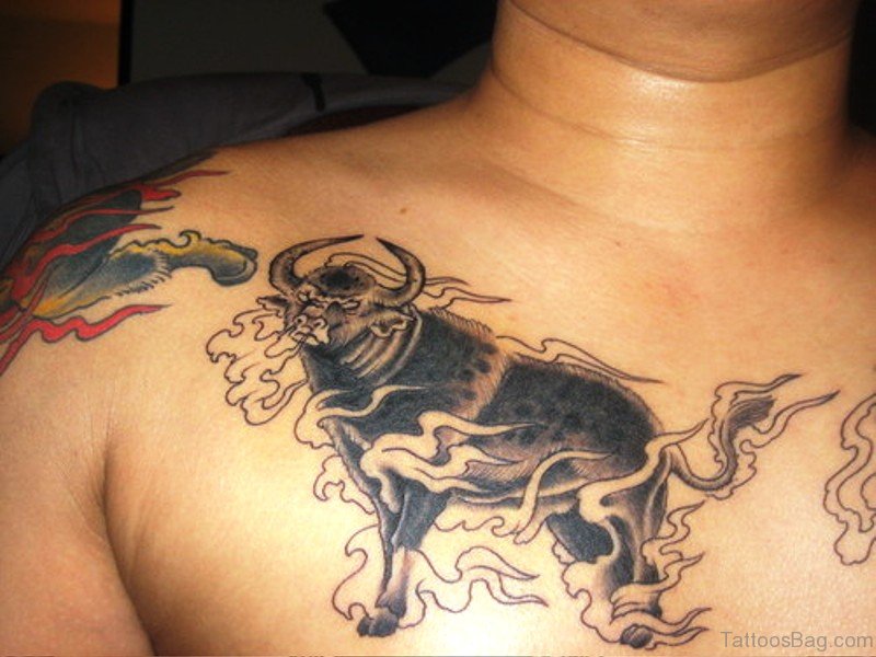 Fantastic Bull Tattoo On Chest.