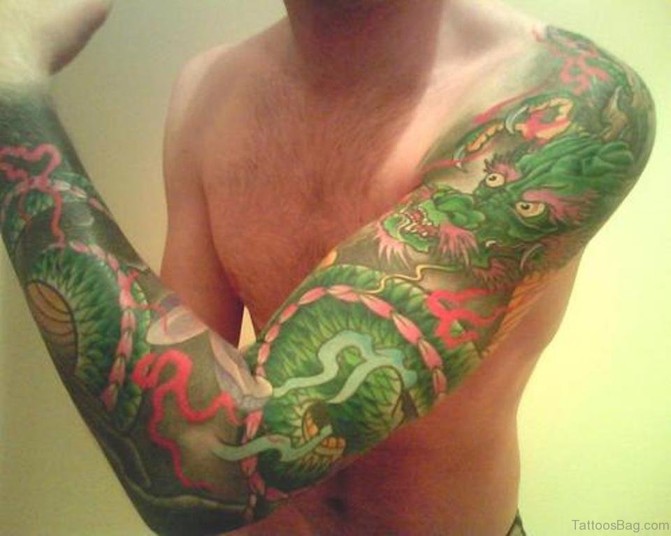 Green Dragon Tattoo On Full Sleeve.