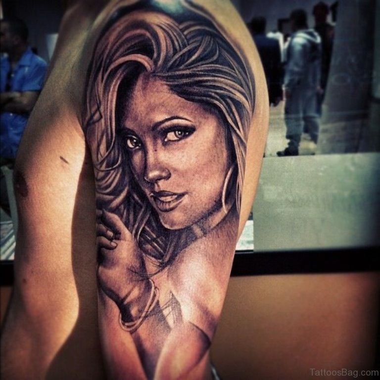 Grey Ink Female Portrait Tattoo On Sleeve ST1229.