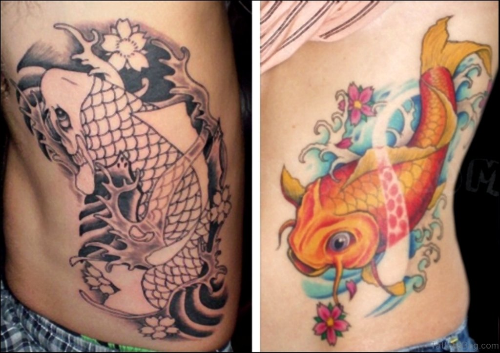 Koi Fish Aqua Tattoo On Rib.