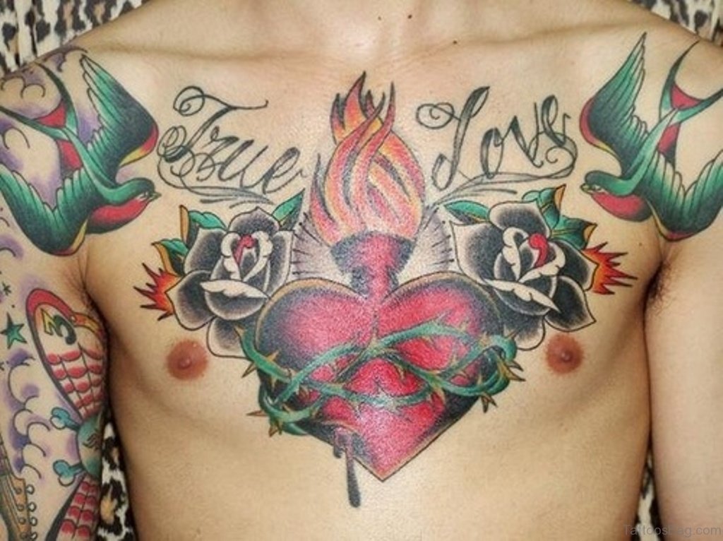 Sacred Heart And Black Rose Tattoo On Chest.