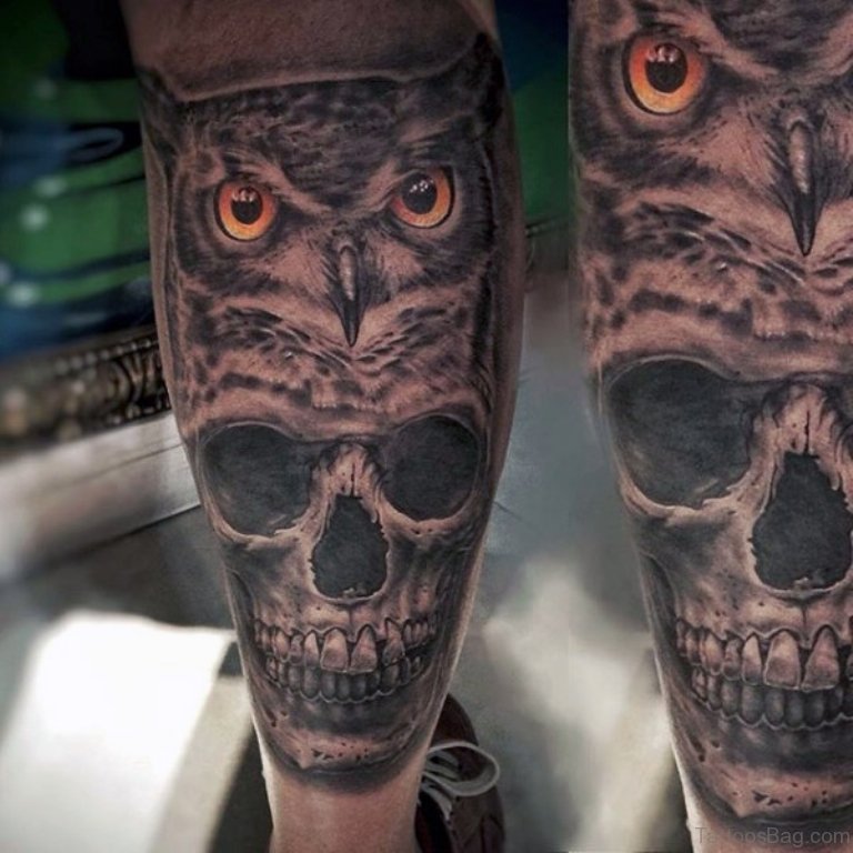 Skull And Owl Tattoo On Leg.