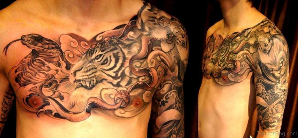 Мужчина тигр и женщина змея. Тигр Ориентал. Тату дракон на груди. Тату тигр на груди. Японские тату на груди.