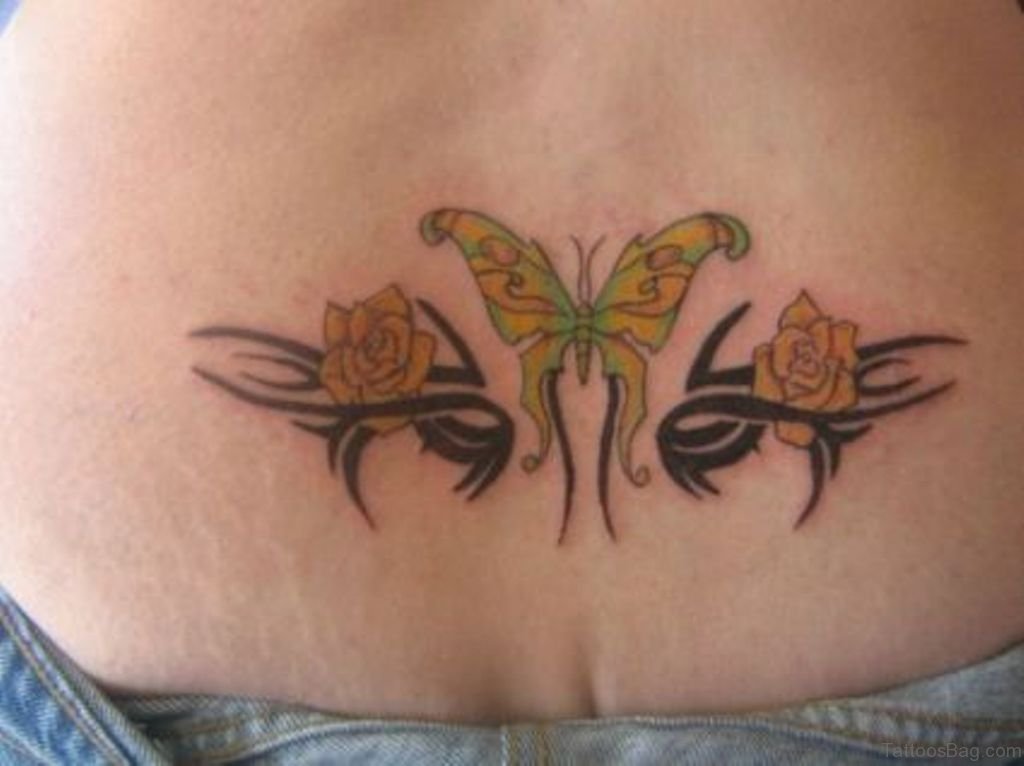 Butterfly And Rose Flower Tattoo On Lower Back.