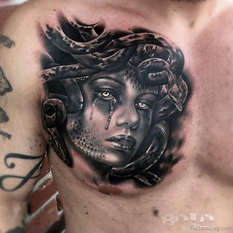 Crying Medusa Tattoo On Chest.