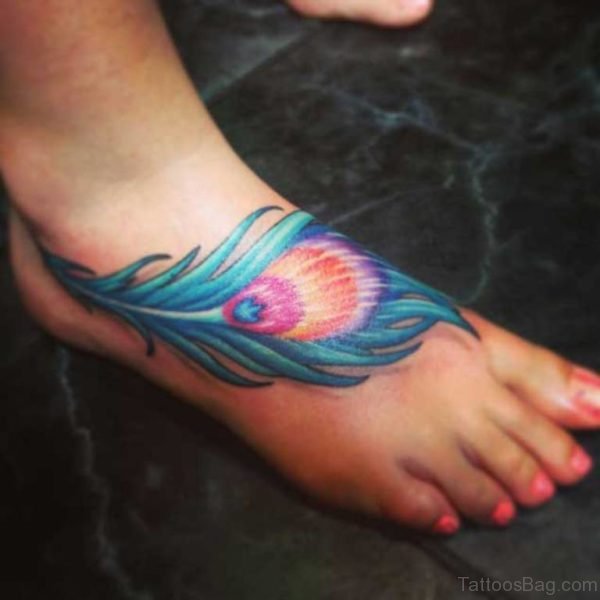 Cute Peacock Feather Foot Tattoo