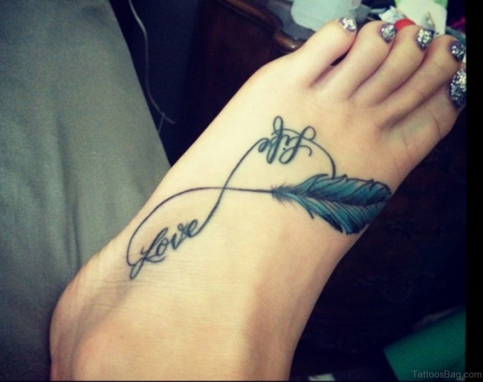 Feather And Love Life Infinity Tattoo On Foot.