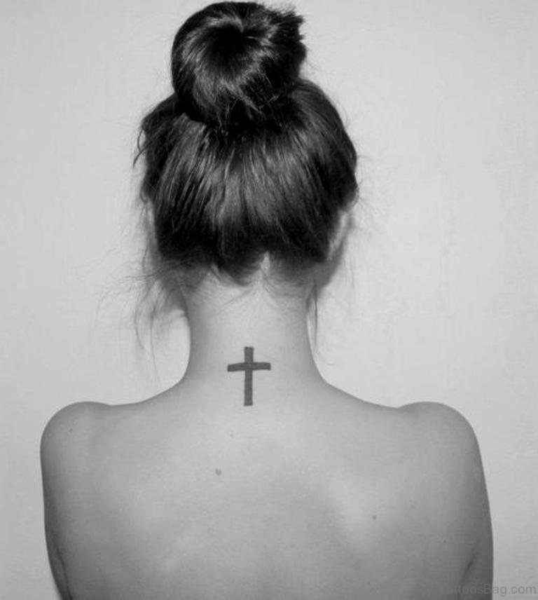 Grey Ink Cross Back Nape Tattoo For Girl.