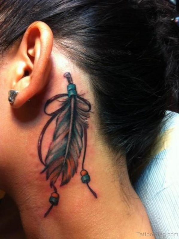 Pretty Feather Tattoo On Neck