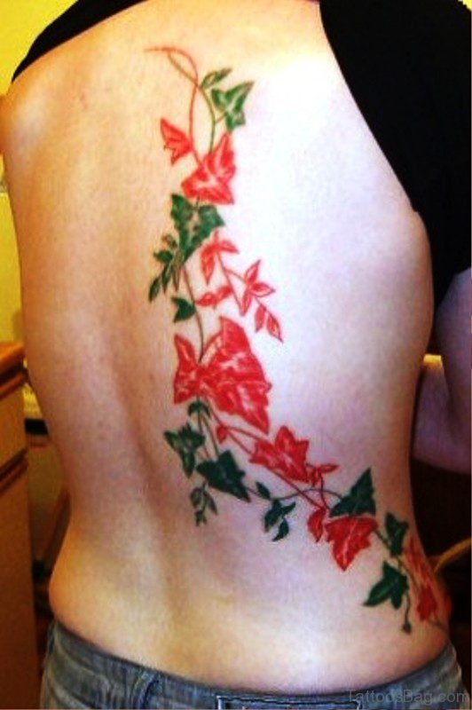 Red Green Ivy Vine Tattoo On Back.