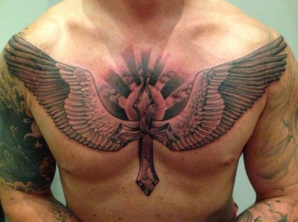 Religious Cross With Wings Chest Tattoo.