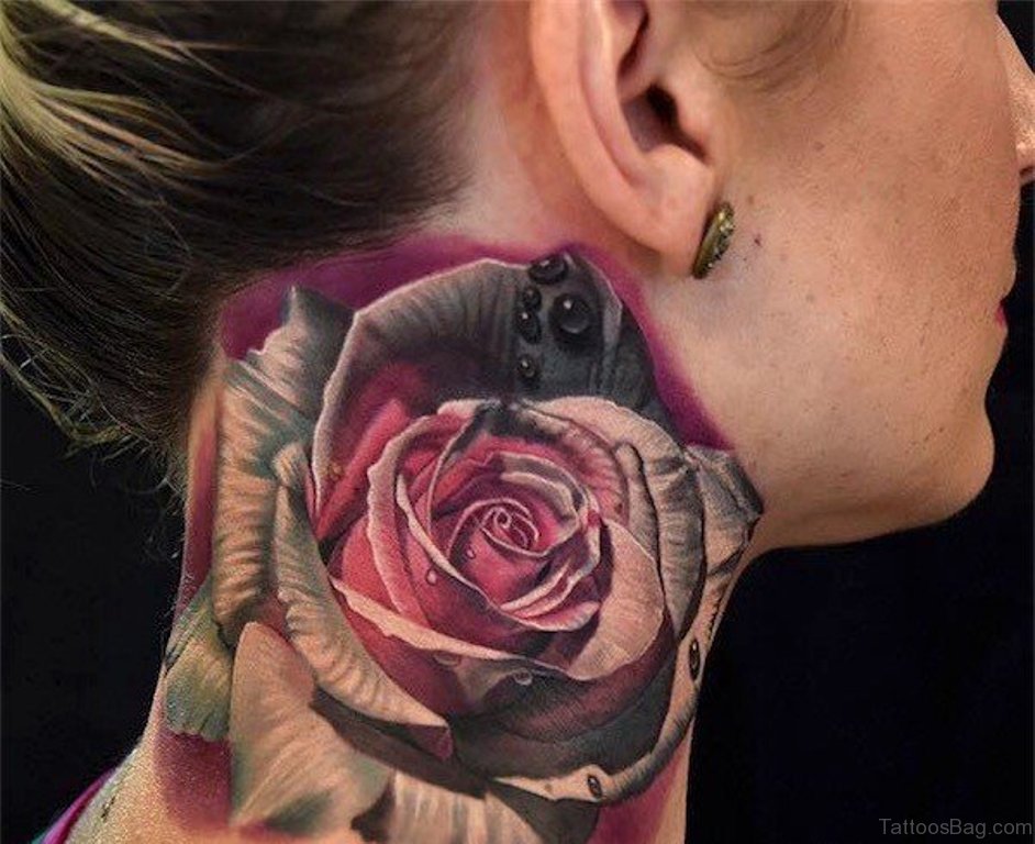 Rose Tattoo On Neck.